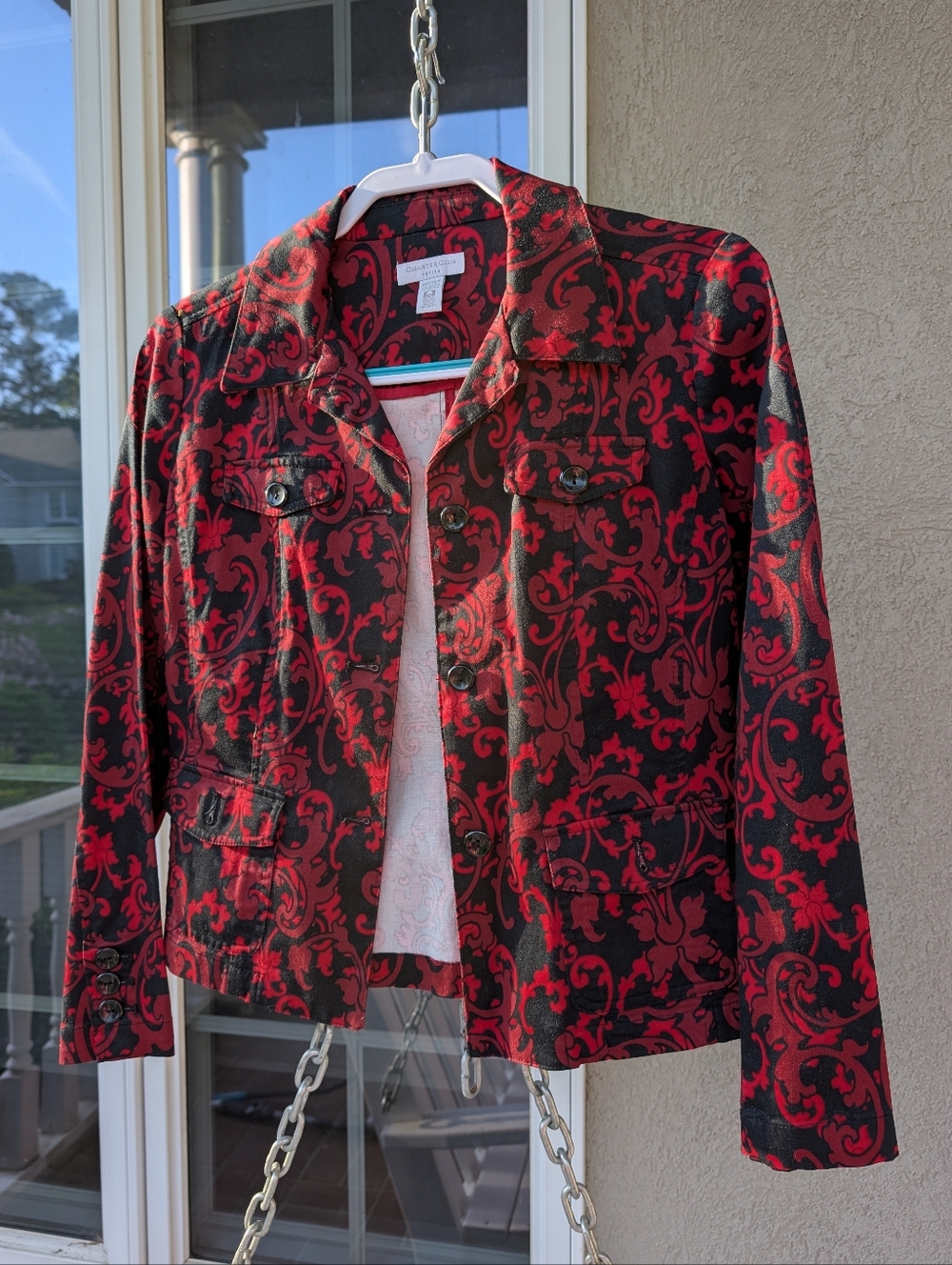 Charter Club Red & Black Patterned Button-Front Jean Jacket